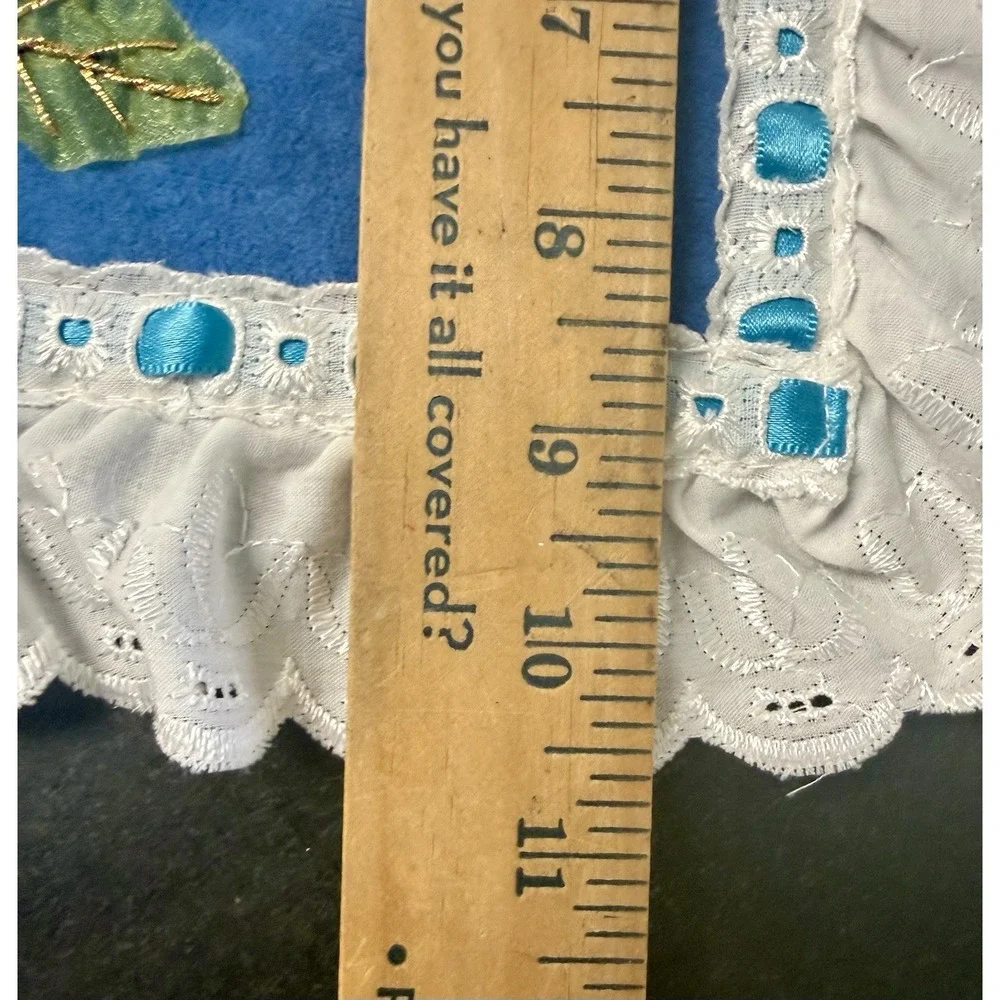 Vtg 3-Piece Bathroom Set Ribbon Embroidery Floral Ruffles Teal Blue Grannycore